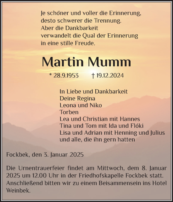 Traueranzeige von Martin Mumm von Schleswig-Holsteinische Landeszeitung