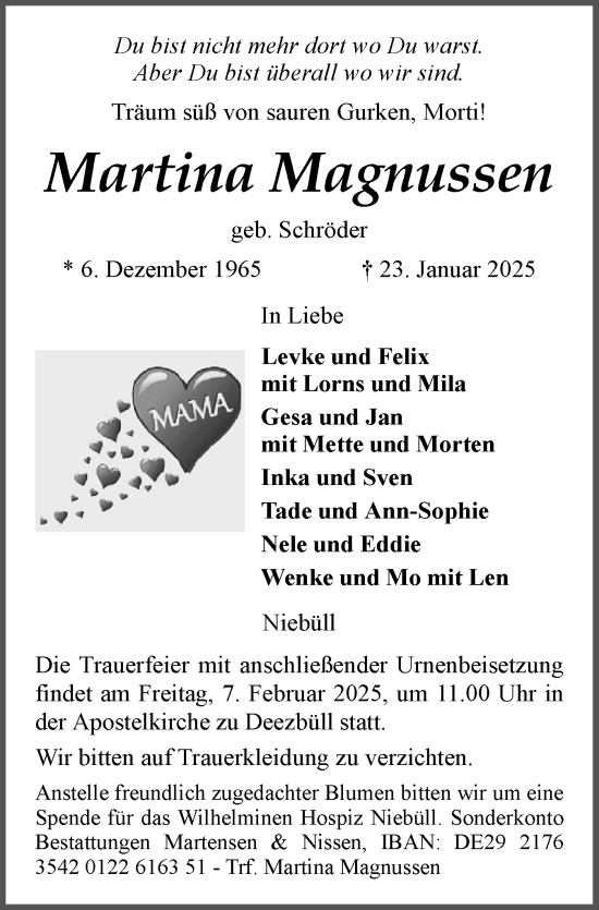 Traueranzeige von Martina Magnussen von Husumer Nachrichten, Nordfriesland Tageblatt