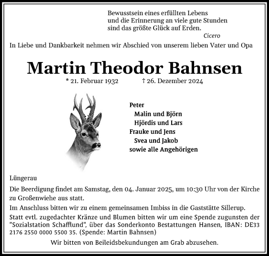 Traueranzeige von Martin Theodor Bahnsen von Flensburger Tageblatt