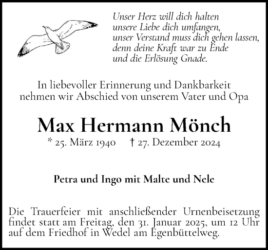 Traueranzeige von Max Hermann Mönch von Wedel-Schulauer Tageblatt, tip Wedel-Schulauer Tageblatt, tip Rissener Rundschau