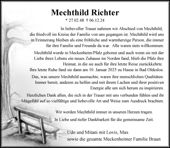 Traueranzeige von Mechthild Richter von MARKT Bad Oldesloe/Reinfeld, MARKT Ahrensburg/Bargteheide/Trittau und Stormarner Tageblatt