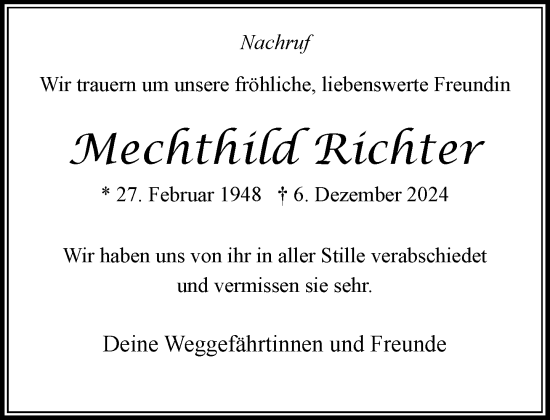 Traueranzeige von Mechthild Richter von MARKT Bad Oldesloe/Reinfeld und Stormarner Tageblatt
