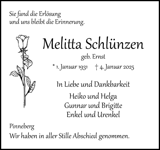 Traueranzeige von Melitta Schlünzen von Region Pinneberg und tip Pinneberg
