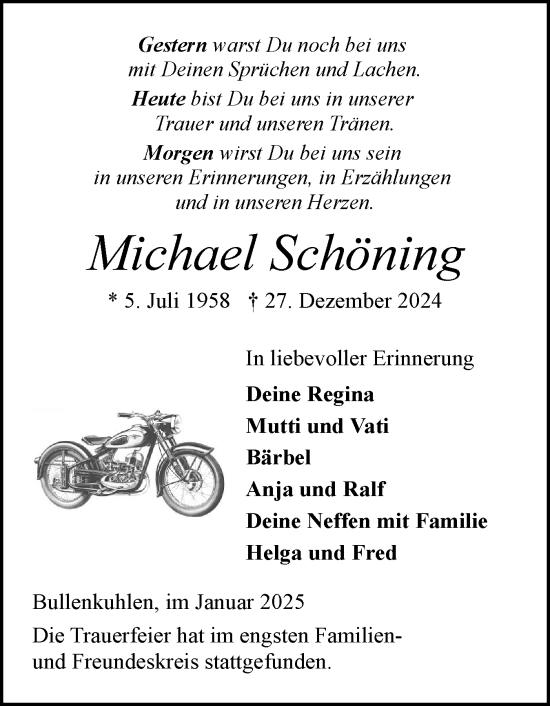 Traueranzeige von Michael Schöning von Elmshorner Nachrichten, Barmstedter Zeitung