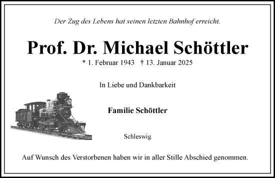 Traueranzeige von Michael Schöttler von Schleswiger Nachrichten, Schlei-Bote