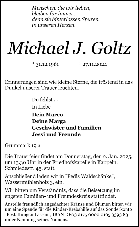 Traueranzeige von Michael J. Goltz von Schleswiger Nachrichten, Schlei-Bote