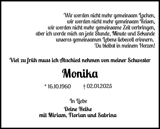 Traueranzeige von Monika  von Eckernförder Zeitung, Hallo Eckernförde