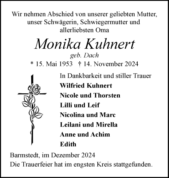 Traueranzeige von Monika Kuhnert von Elmshorner Nachrichten, Barmstedter Zeitung