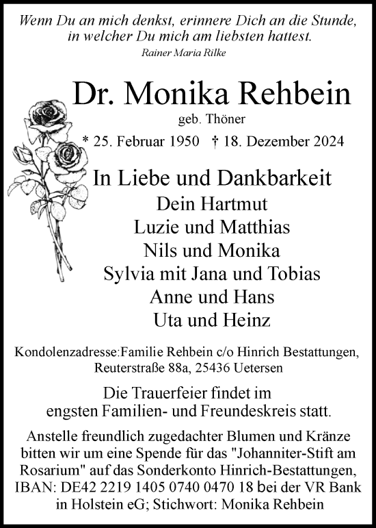 Traueranzeige von Monika Rehbein von Uetersener Nachrichten, Der tip am Wochenende