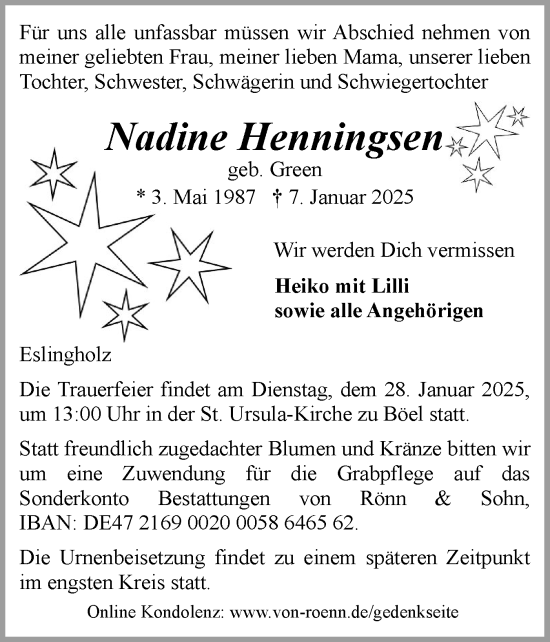 Traueranzeige von Nadine Henningsen von Schleswiger Nachrichten, Schlei-Bote