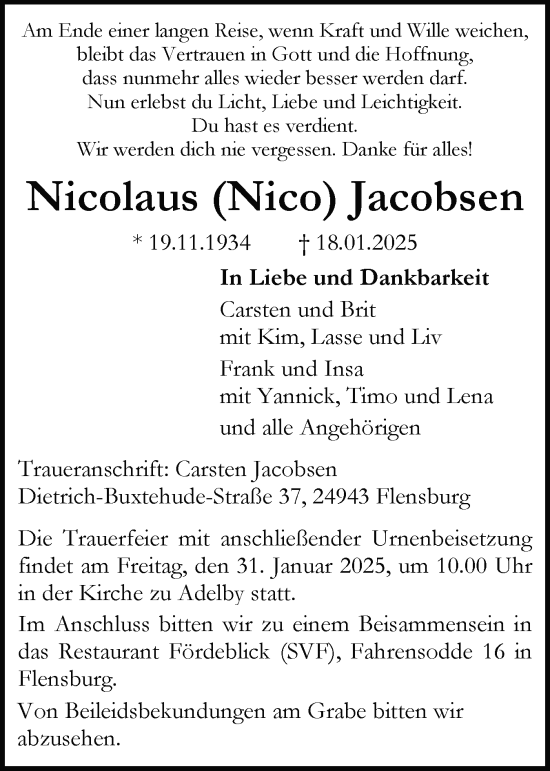 Traueranzeige von Nicolaus Jacobsen von Flensburger Tageblatt