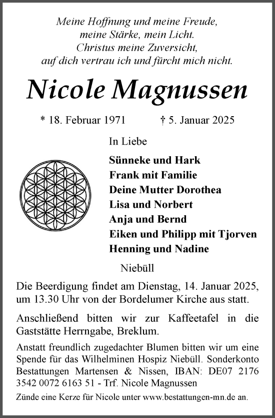 Traueranzeige von Nicole Magnussen von Husumer Nachrichten, Nordfriesland Tageblatt