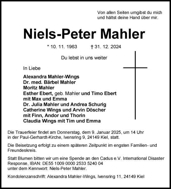 Traueranzeige von Niels-Peter Mahler von Husumer Nachrichten, Nordfriesland Tageblatt
