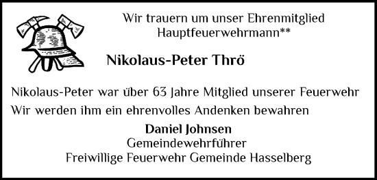 Traueranzeige von Nikolaus Peter Thrö von Schleswiger Nachrichten, Schlei-Bote