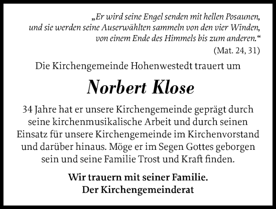Traueranzeige von Norbert Klose von Schleswig-Holsteinische Landeszeitung