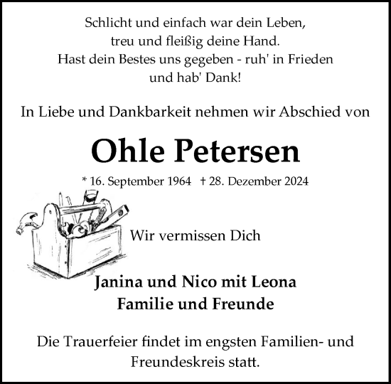 Traueranzeige von Ohle Petersen von MARKT Bad Oldesloe/Reinfeld und Stormarner Tageblatt