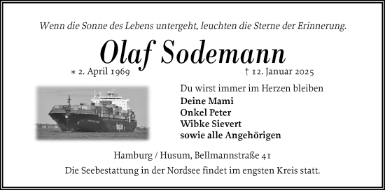 Traueranzeige von Olaf Sodemann von Husumer Nachrichten, Nordfriesland Tageblatt