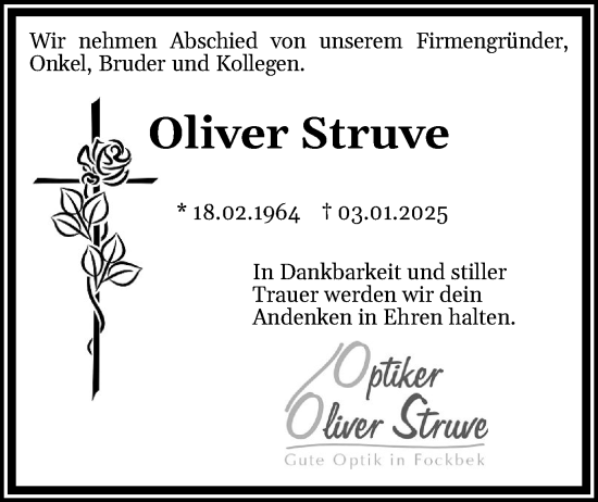 Traueranzeige von Oliver Struve von Schleswig-Holsteinische Landeszeitung