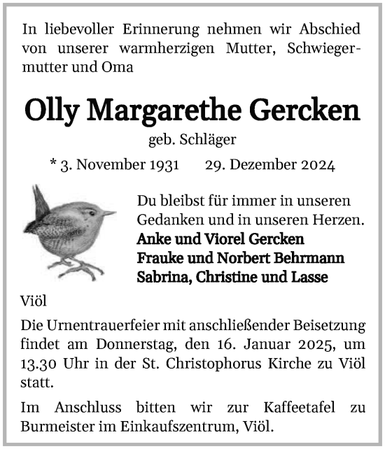 Traueranzeige von Olly Margarethe Gercken von Husumer Nachrichten, Nordfriesland Tageblatt