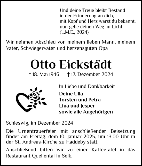 Traueranzeige von Otto Eickstädt von Schleswiger Nachrichten, Schlei-Bote