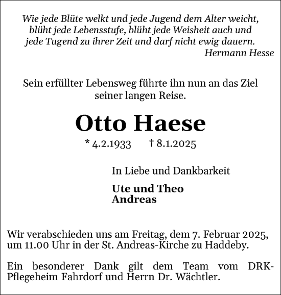Traueranzeige von Otto Haese von Schleswiger Nachrichten, Schlei-Bote