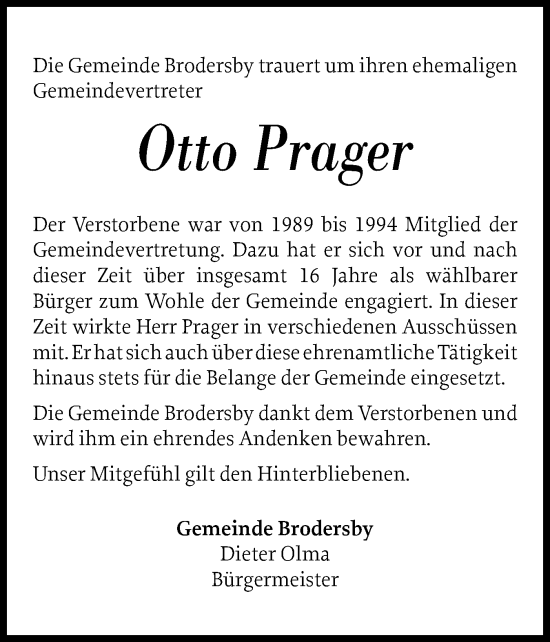 Traueranzeige von Otto Prager von Schleswiger Nachrichten, Schlei-Bote