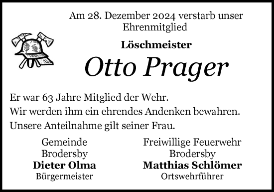 Traueranzeige von Otto Prager von Schleswiger Nachrichten, Schlei-Bote