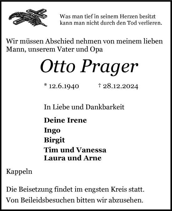 Traueranzeige von Otto Prager von Schleswiger Nachrichten, Schlei-Bote