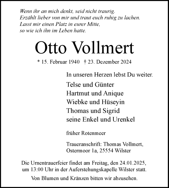 Traueranzeige von Otto Vollmert von Norddeutsche Rundschau, Wilstersche Zeitung, Glückstädter Fortuna