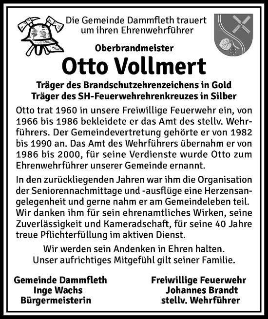 Traueranzeige von Otto Vollmert von Norddeutsche Rundschau, Wilstersche Zeitung, Glückstädter Fortuna