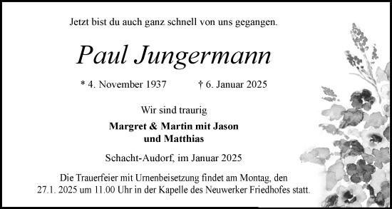 Traueranzeige von Paul Jungermann von Schleswig-Holsteinische Landeszeitung