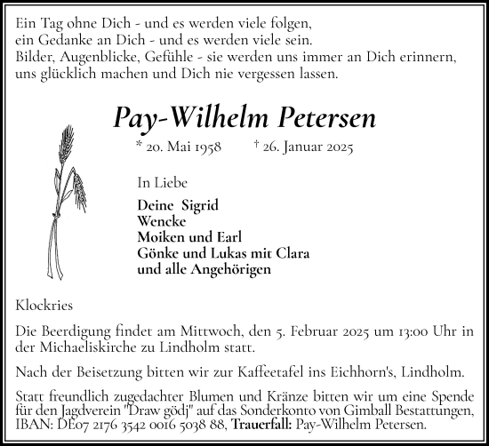 Traueranzeige von Pay-Wilhelm Petersen von Husumer Nachrichten, Nordfriesland Tageblatt