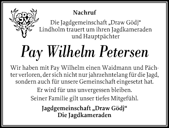 Traueranzeige von Pay Wilhelm Petersen von Husumer Nachrichten, Nordfriesland Tageblatt
