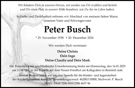 Traueranzeige von Peter Busch von MARKT Bad Oldesloe/Reinfeld und Stormarner Tageblatt