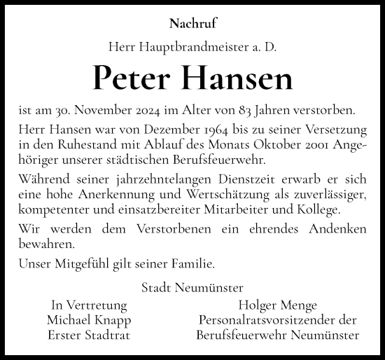Traueranzeige von Peter Hansen von Holsteinischer Courier