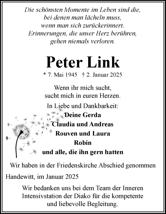 Traueranzeige von Peter Link von Flensburger Tageblatt