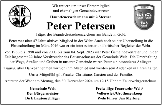 Traueranzeige von Peter Petersen von Husumer Nachrichten, Nordfriesland Tageblatt