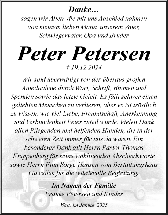 Traueranzeige von Peter Petersen von Husumer Nachrichten, Nordfriesland Tageblatt