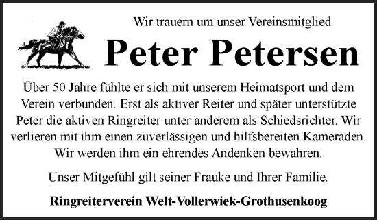 Traueranzeige von Peter Petersen von Husumer Nachrichten, Nordfriesland Tageblatt