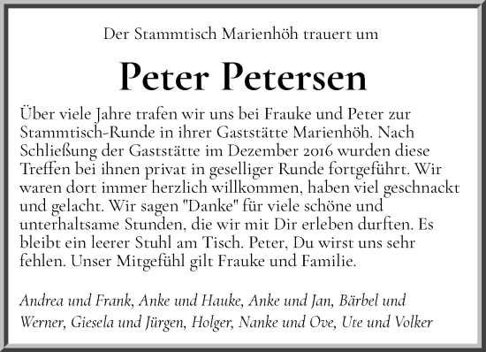 Traueranzeige von Peter Petersen von Husumer Nachrichten, Nordfriesland Tageblatt