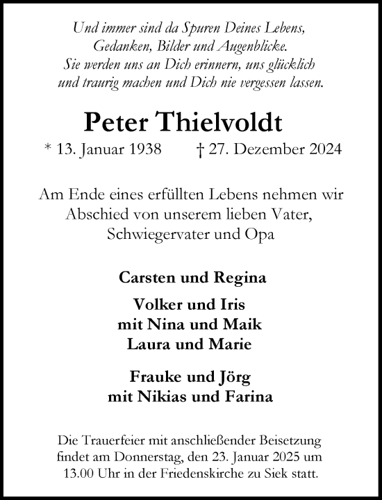 Traueranzeige von Peter Thielvoldt von MARKT Ahrensburg/Bargteheide/Trittau und Stormarner Tageblatt