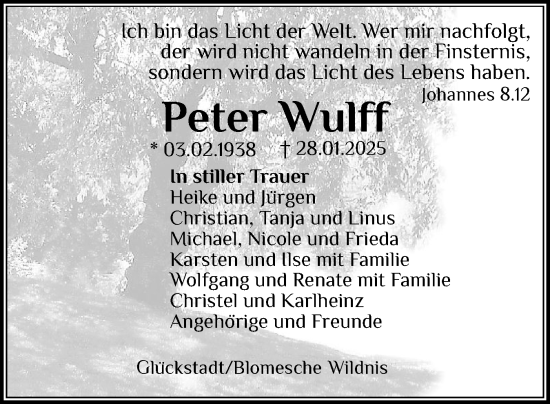 Traueranzeige von Peter Wulff von Norddeutsche Rundschau, Wilstersche Zeitung, Glückstädter Fortuna