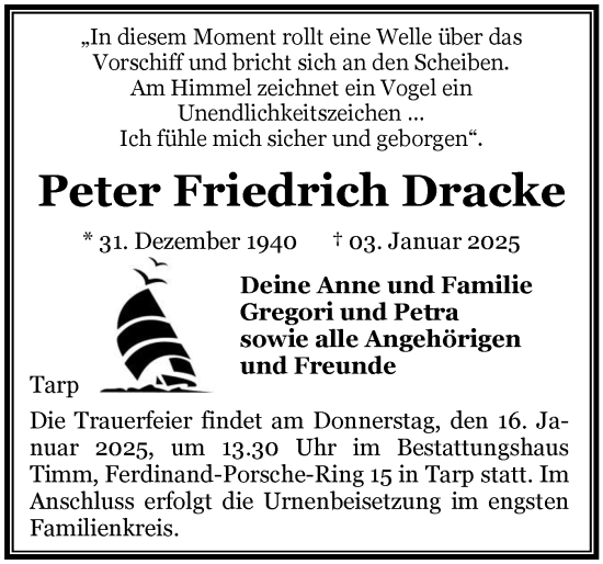 Traueranzeige von Peter Friedrich Dracke von Flensburger Tageblatt