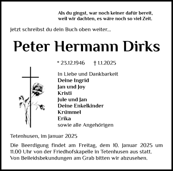 Traueranzeige von Peter Hermann Dirks von Schleswig-Holsteinische Landeszeitung