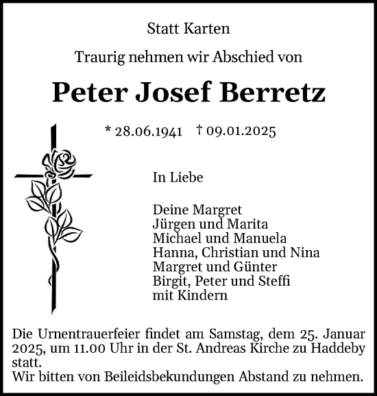Traueranzeige von Peter Josef Berretz von Schleswiger Nachrichten, Schlei-Bote