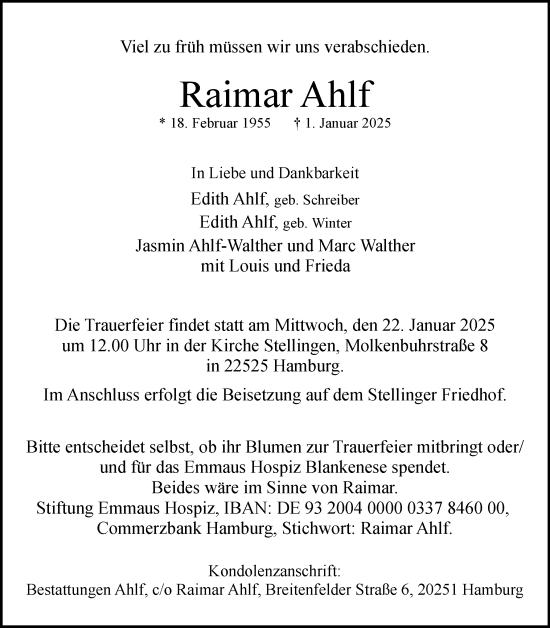 Traueranzeige von Raimar Ahlf von Region Pinneberg und tip Pinneberg
