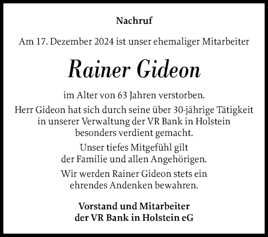 Traueranzeige von Rainer Gideon von Region Pinneberg und tip Pinneberg