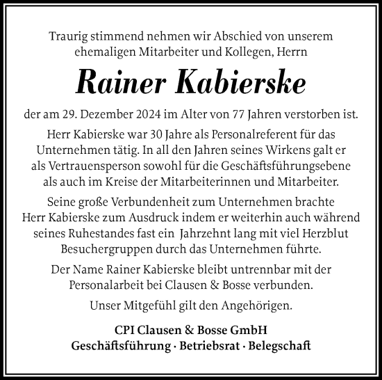 Traueranzeige von Rainer Kabierske von Husumer Nachrichten, Nordfriesland Tageblatt