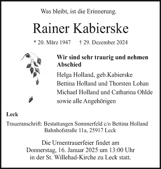 Traueranzeige von Rainer Kabierske von Husumer Nachrichten, Nordfriesland Tageblatt