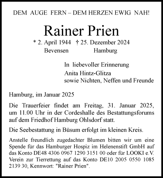 Traueranzeige von Rainer Prien von Wochenend Anzeiger